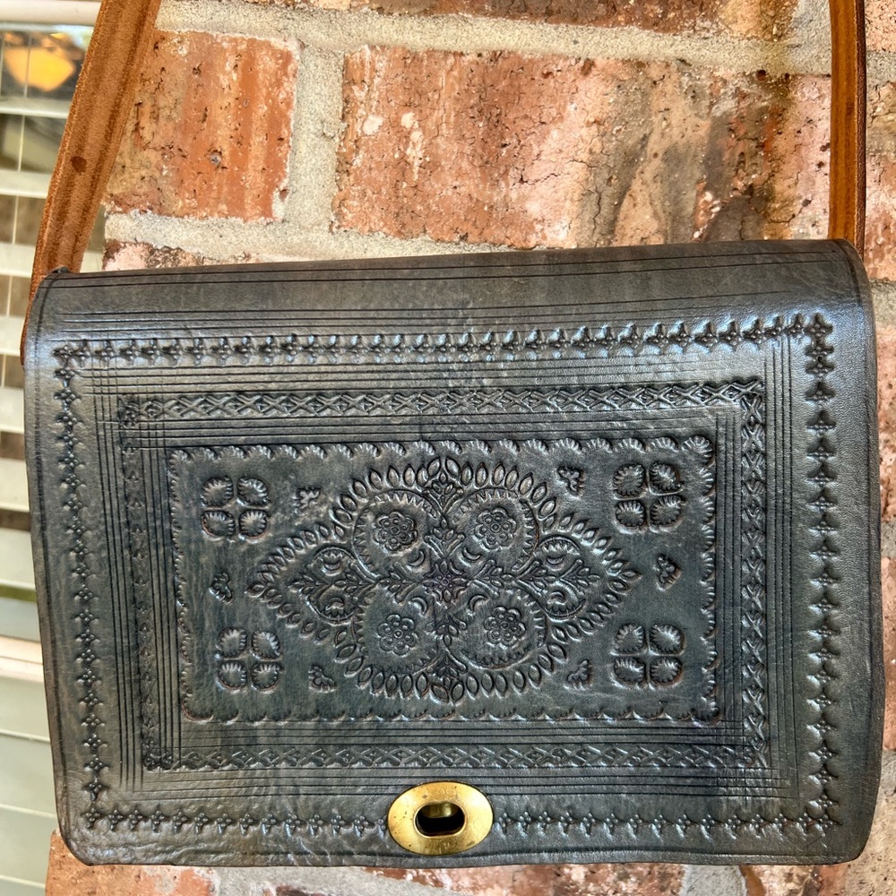 Elegant Blue Embossed leather hand tooled Shoulder Bag western rodeo